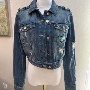 Guess Denim Jacket – Cropped Distressed with Butterfly Patch‎